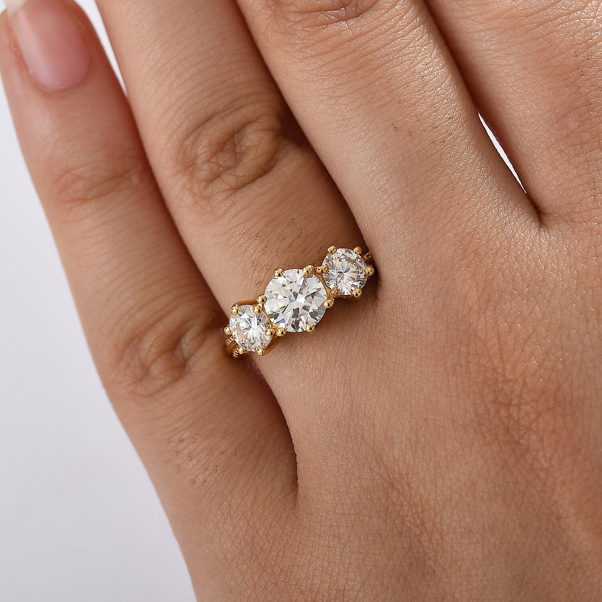 Djoy Moissanite 3 Stone Ring in 14K Yellow Gold Plated Sterling Silver 1.80 Ct. 8198387 3