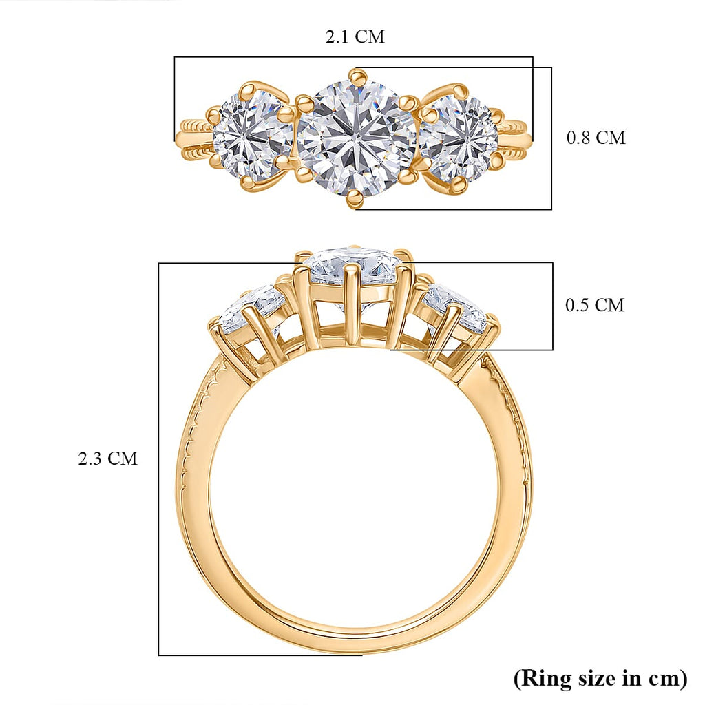 D'joy Moissanite 3 Stone Ring in 14K Yellow Gold Plated Sterling Silver 1.80 Ct.