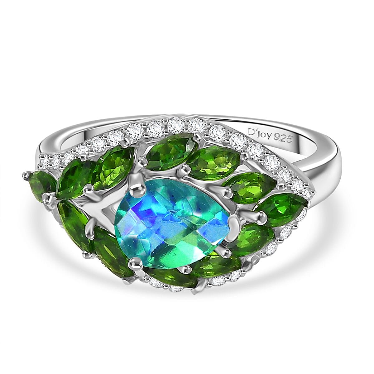 D'joy Peacock Triplet Quartz, Natural Chrome Diopside and White Zircon Ring in Rhodium Overlay Sterling Silver 3.00 Ct. 8192962 0