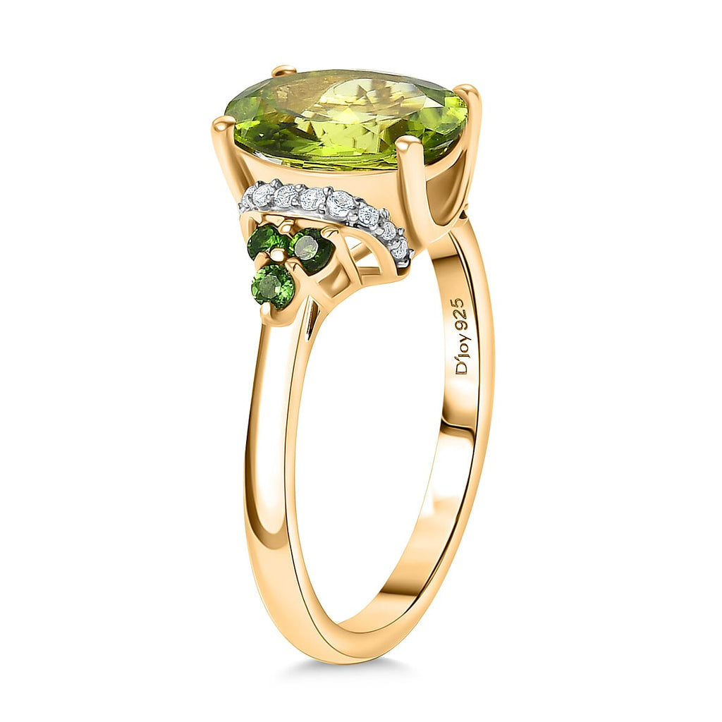 D'joy Natural Hebei Peridot, Natural Chrome Diopside & White Zircon Ring in 14K Yellow Gold Plating Sterling Silver 2.83 Ct.