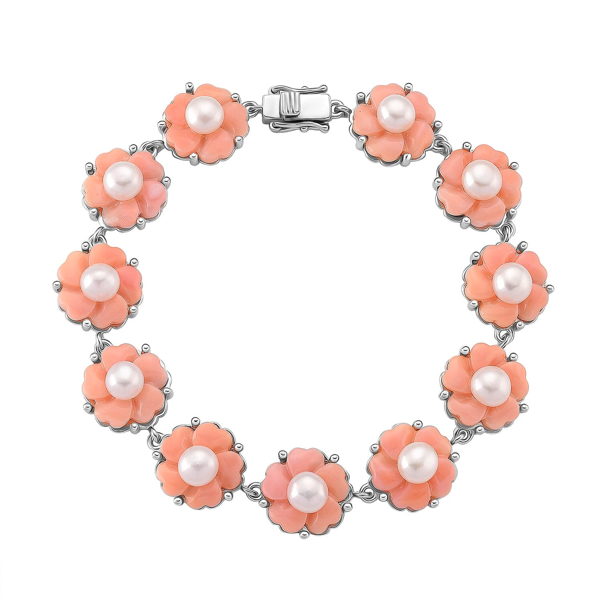 Queen Conch Shell &amp; White Fresh Water Pearl Bracelet (Size 7) in Rhodium Overlay Sterling Silver 35.81 Ct, Silver Wt. 11.10 Gms. 8244981 0