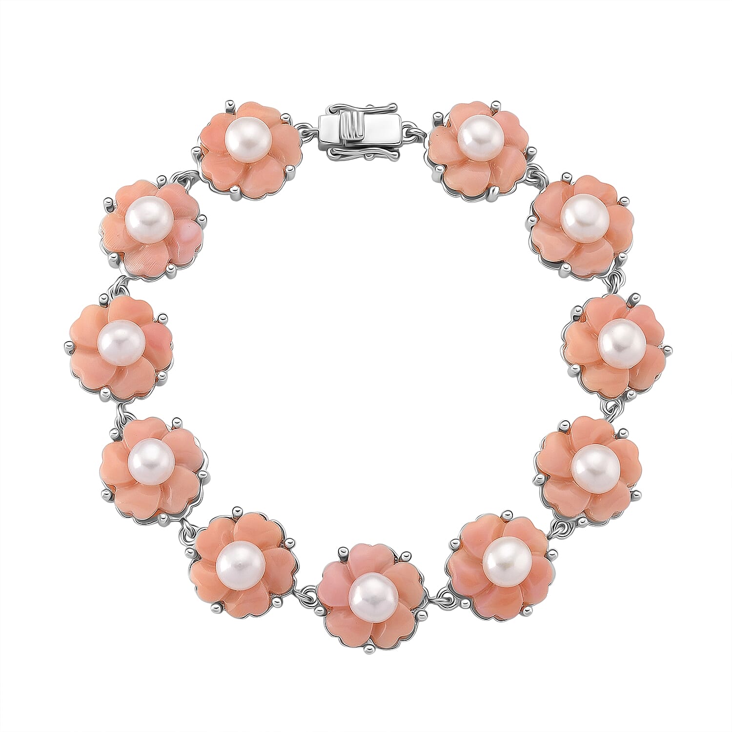 Queen Conch Shell &amp; White Fresh Water Pearl Bracelet (Size 7) in Rhodium Overlay Sterling Silver 35.81 Ct, Silver Wt. 11.10 Gms. 8244981 0