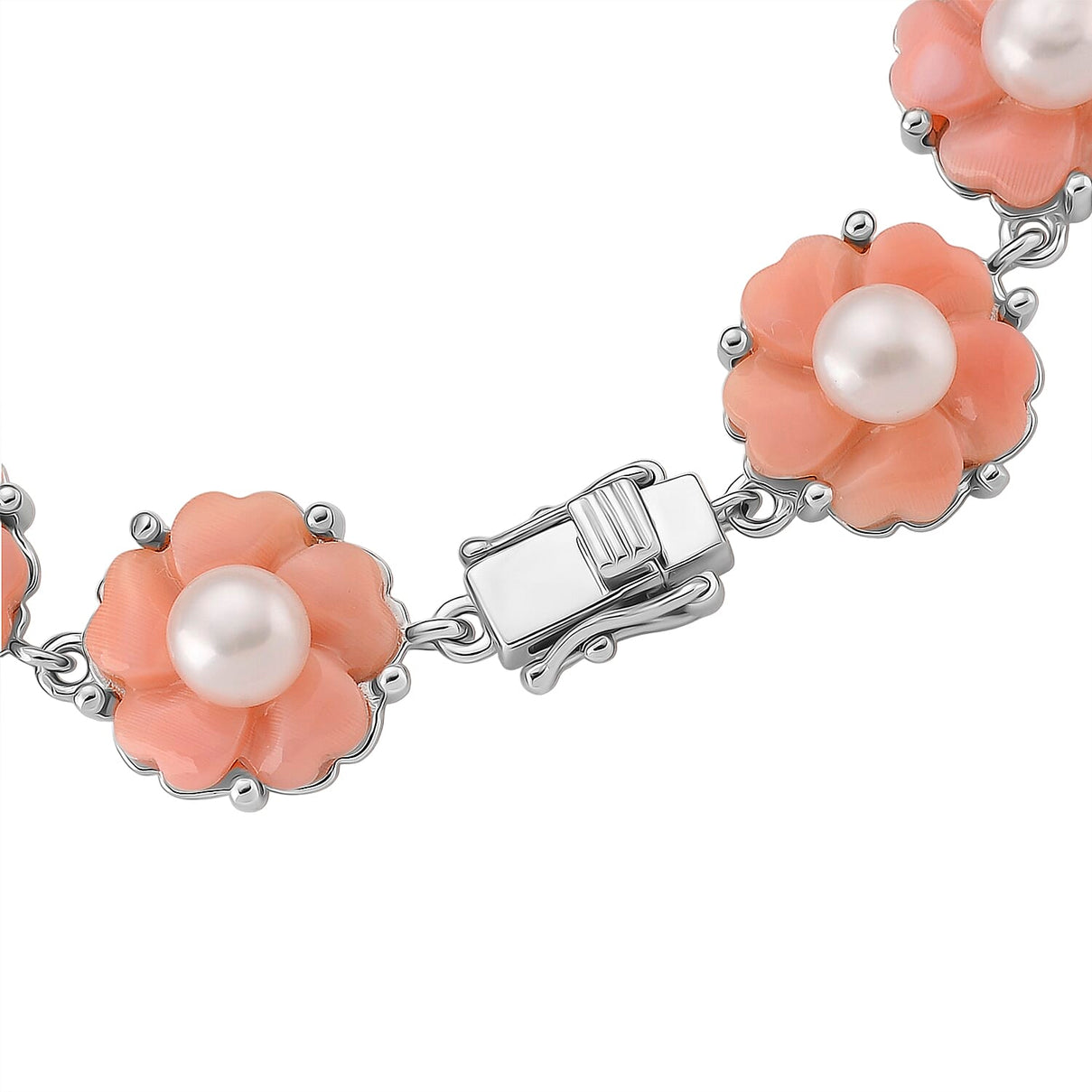Queen Conch Shell &amp; White Fresh Water Pearl Bracelet (Size 7) in Rhodium Overlay Sterling Silver 35.81 Ct, Silver Wt. 11.10 Gms. 8244981 3
