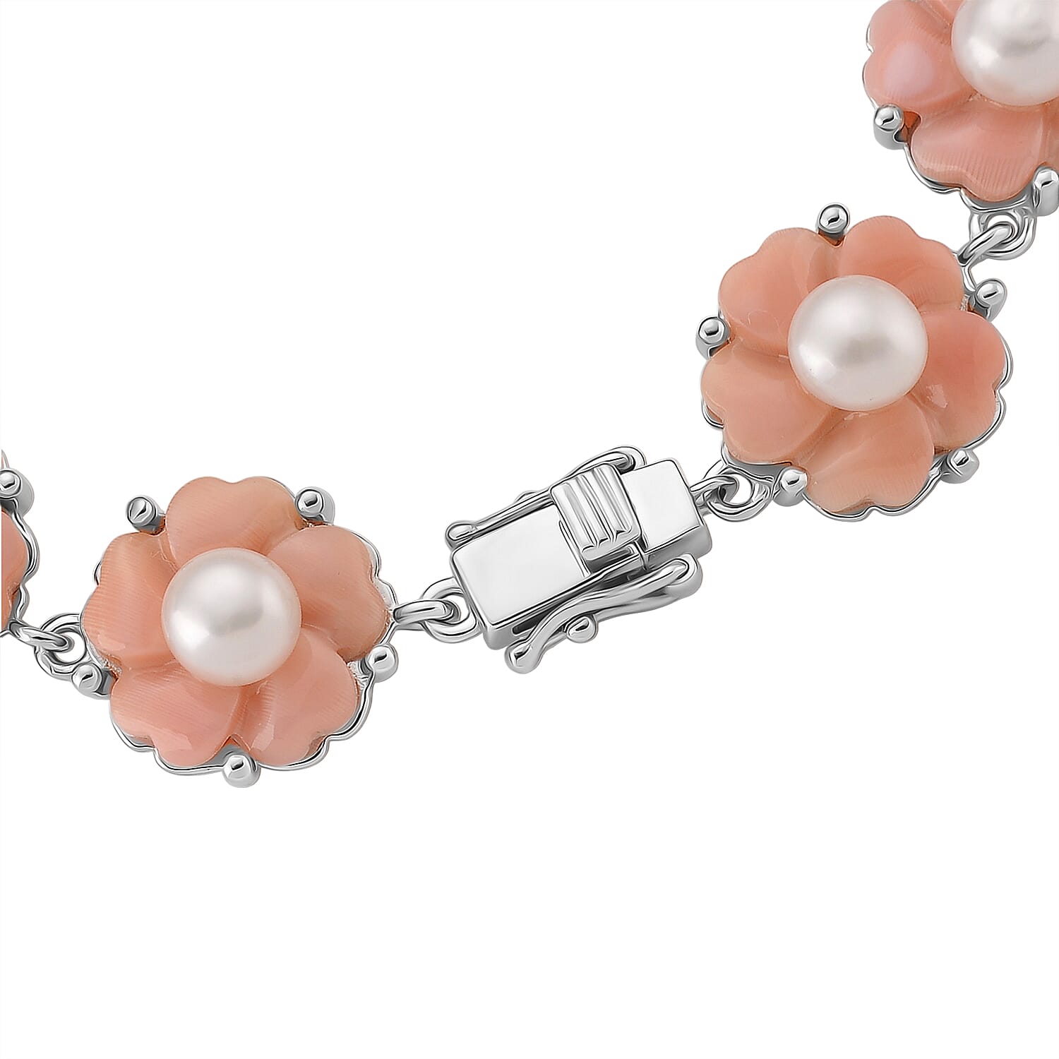 Queen Conch Shell &amp; White Fresh Water Pearl Bracelet (Size 7) in Rhodium Overlay Sterling Silver 35.81 Ct, Silver Wt. 11.10 Gms. 8244981 3
