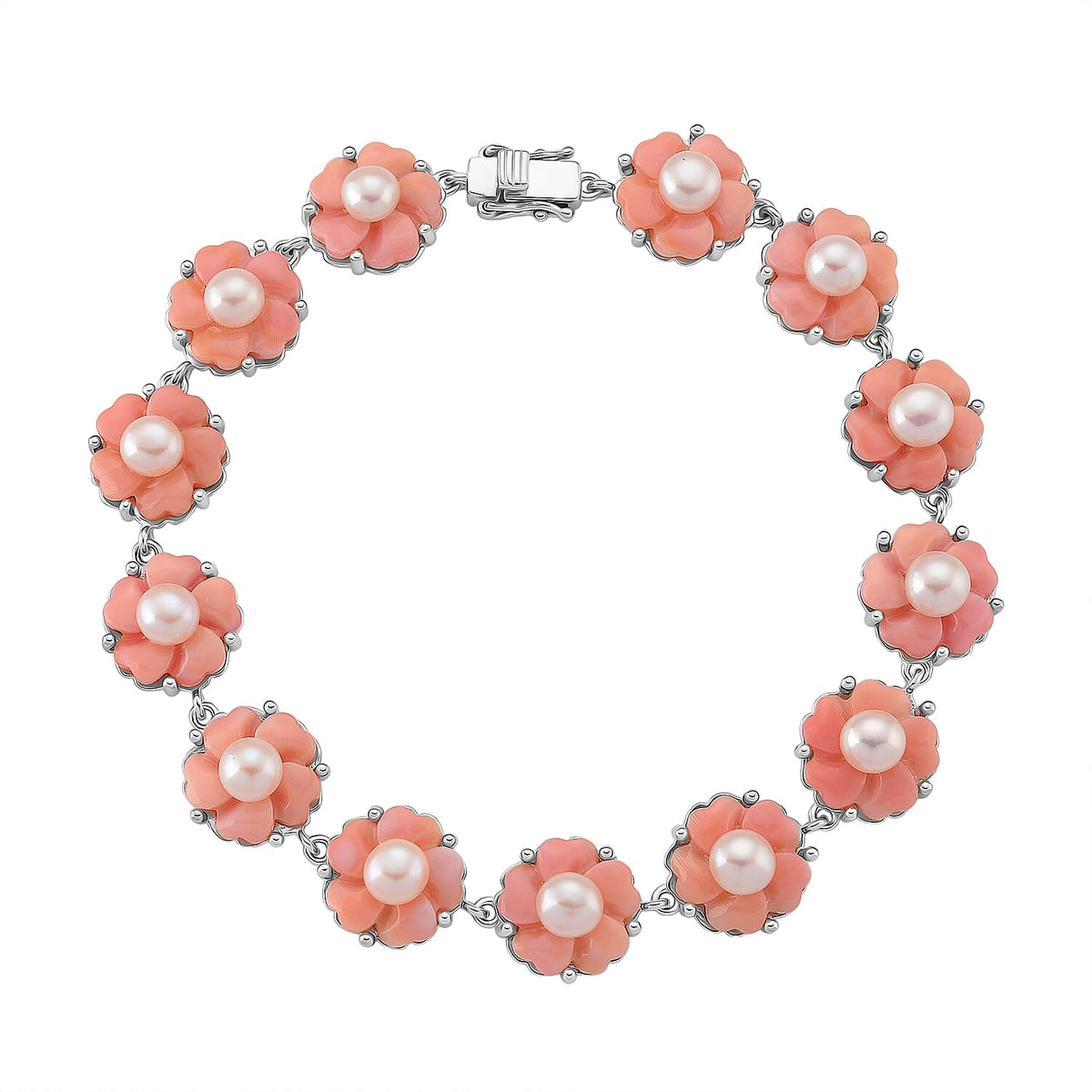 Queen Conch Shell &amp; White Fresh Water Pearl Bracelet (Size 8) in Rhodium Overlay Sterling Silver 42.66 Ct, Silver Wt. 13.20 Gms. 8245012 0