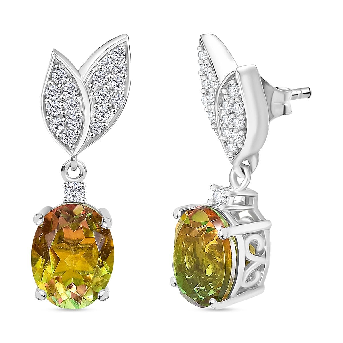 D'joy Rainbow Genesis Quartz, White Zircon Dangling Blooming Leaf Drops Earring with Push Back in Rhodium Overlay Sterling Silver 4.73 Ct. 8181341 0