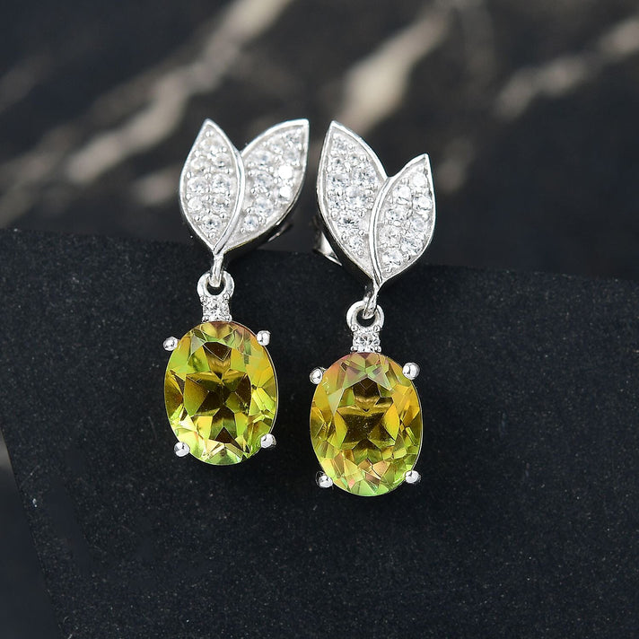 D'joy Rainbow Genesis Quartz, White Zircon Dangling Blooming Leaf Drops Earring with Push Back in Rhodium Overlay Sterling Silver 4.73 Ct. 8181341 2