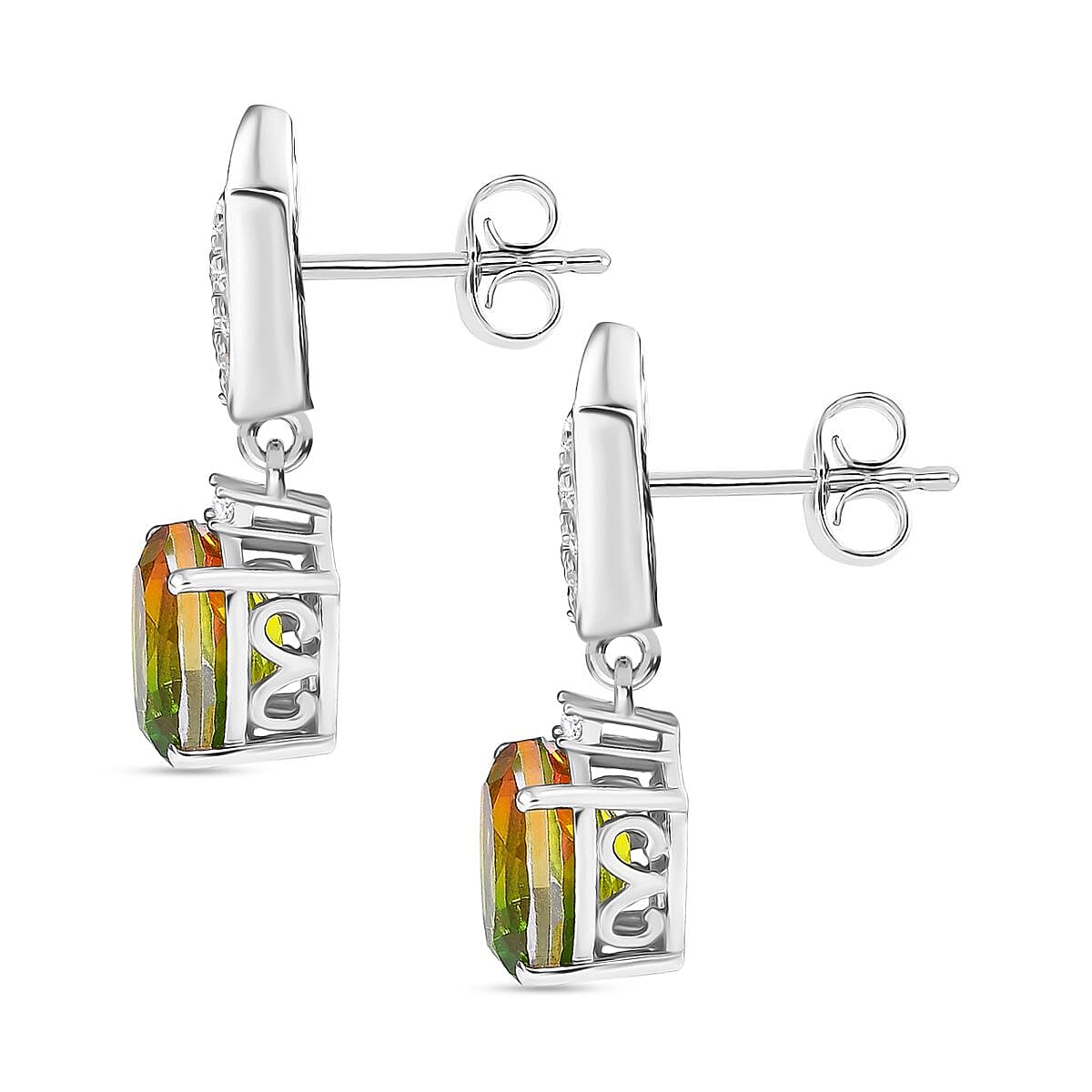 D'joy Rainbow Genesis Quartz, White Zircon Dangling Blooming Leaf Drops Earring with Push Back in Rhodium Overlay Sterling Silver 4.73 Ct. 8181341 4