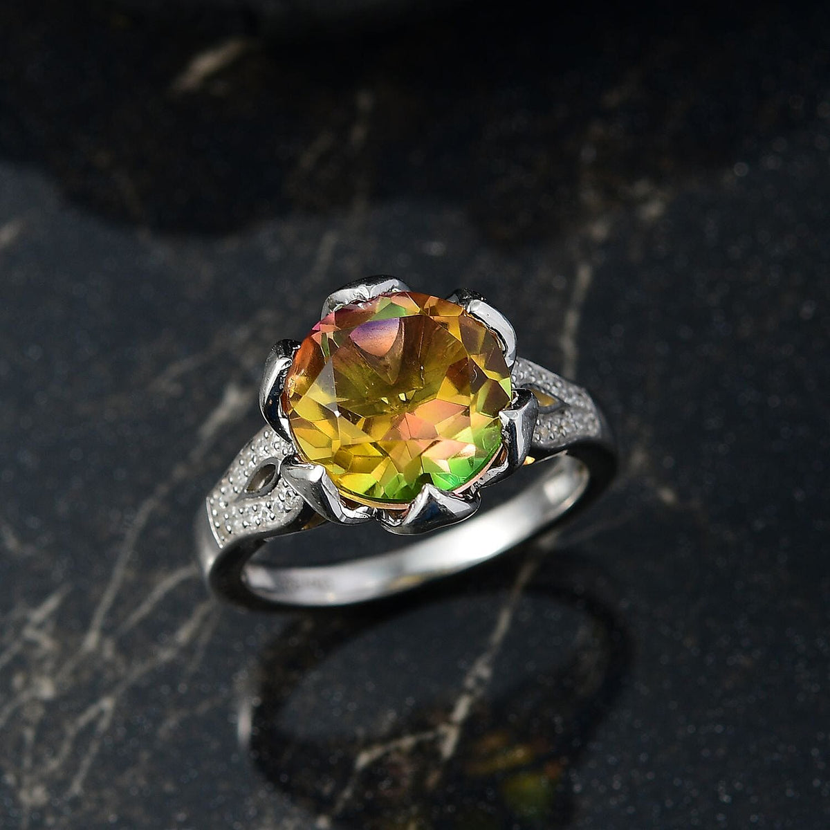 Djoy Rainbow Genesis Quartz &amp; White Zircon Garden Grace Ring in Rhodium Overlay Sterling Silver 4.20 Ct. 8181301 1