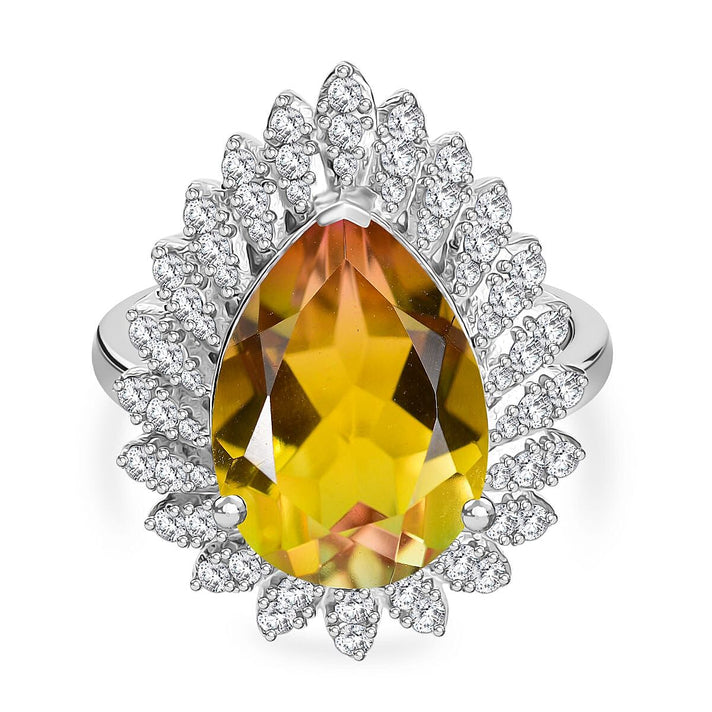 D'joy Rainbow Genesis Quartz, White Zircon Gleaming Blossom Ring in Rhodium Overlay Sterling Silver 6.47 Ct. 8181441 1