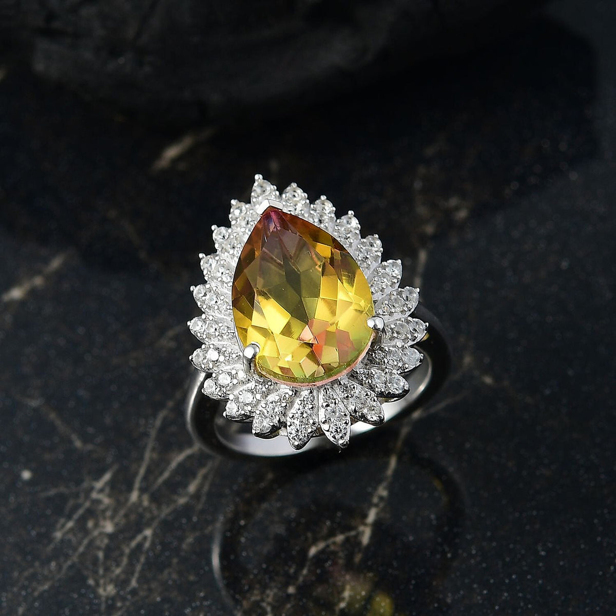 D'joy Rainbow Genesis Quartz, White Zircon Gleaming Blossom Ring in Rhodium Overlay Sterling Silver 6.47 Ct. 8181441 2