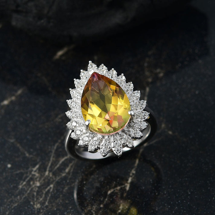 D'joy Rainbow Genesis Quartz, White Zircon Gleaming Blossom Ring in Rhodium Overlay Sterling Silver 6.47 Ct. 8181441 2