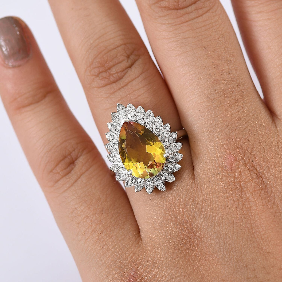 D'joy Rainbow Genesis Quartz, White Zircon Gleaming Blossom Ring in Rhodium Overlay Sterling Silver 6.47 Ct. 8181441 3