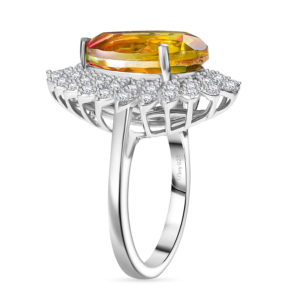 D'joy Rainbow Genesis Quartz, White Zircon Gleaming Blossom Ring in Rhodium Overlay Sterling Silver 6.47 Ct. 8181441 4