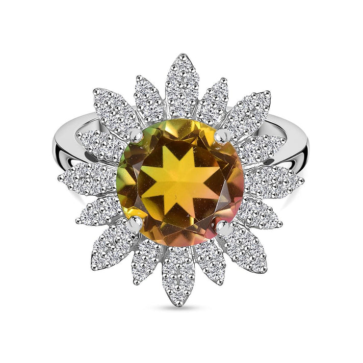D'joy Rainbow Genesis Quartz, White Zircon Sunburst Bloom Ring in Rhodium Overlay Sterling Silver 4.88 Ct. 8181461 1