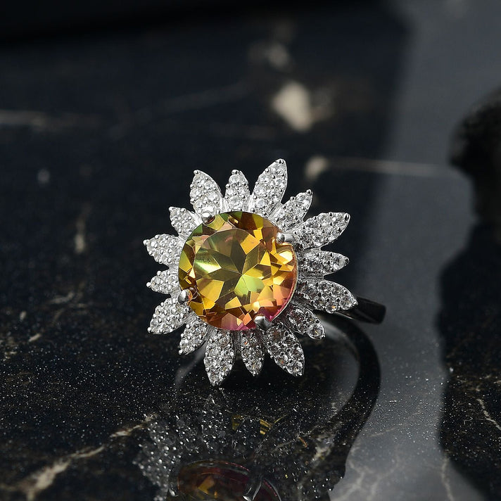 D'joy Rainbow Genesis Quartz, White Zircon Sunburst Bloom Ring in Rhodium Overlay Sterling Silver 4.88 Ct. 8181461 2