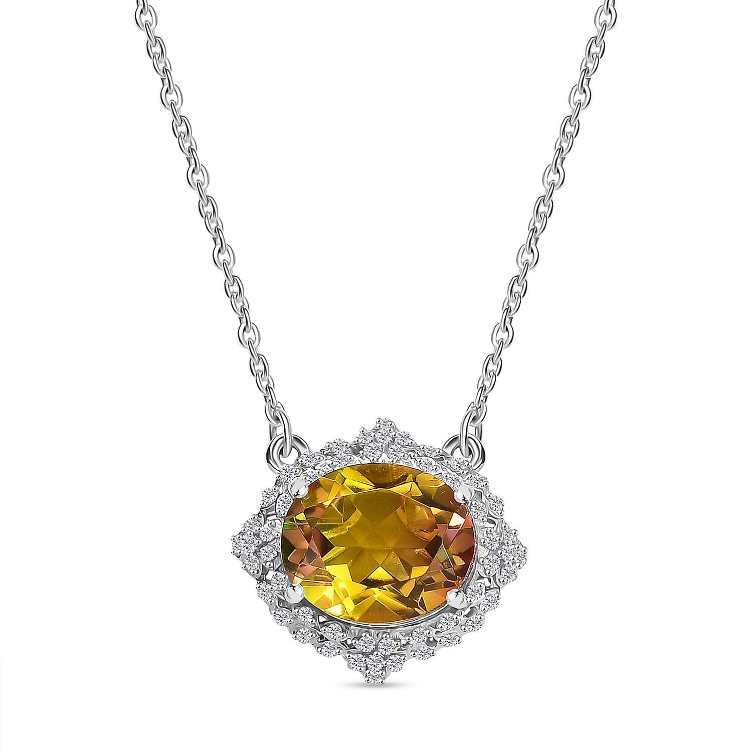 D'joy Rainbow Genesis Quartz &amp; White Zircon Floral Embrace Necklace (Size - 20) in Rhodium Overlay Sterling Silver 5.58 Ct. 8181263 0