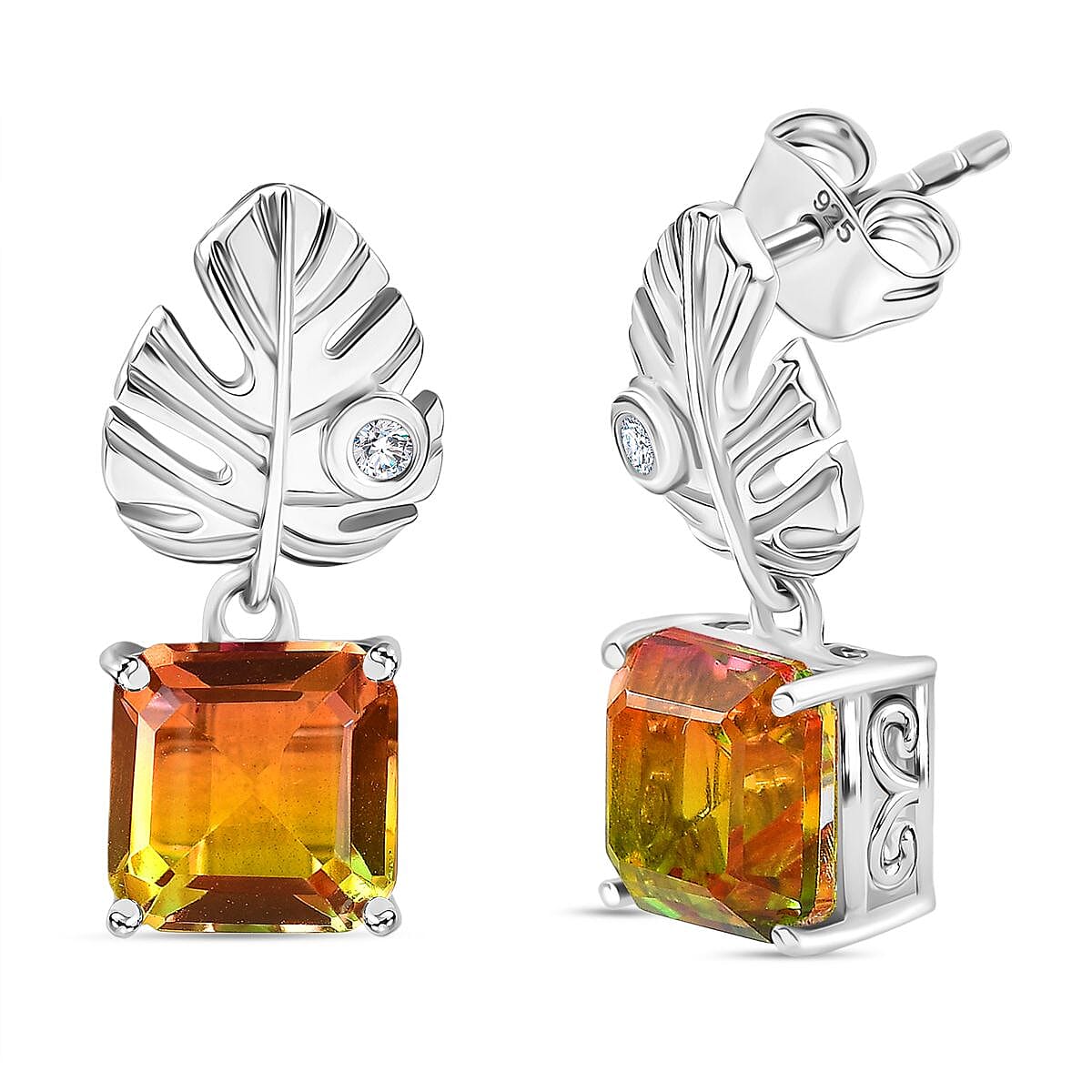 D'joy Rainbow Genesis Quartz &amp; White Zircon Solitaire Stud Sunlit Leaves Earring with Push Back in Rhodium Overlay Sterling Silver 5.56 Ct. 8181231 0