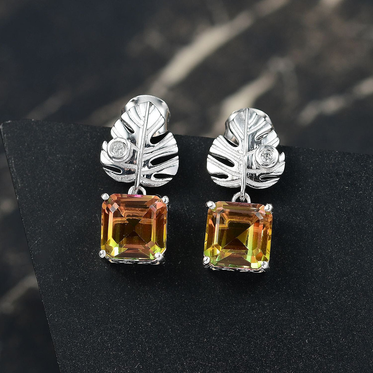 D'joy Rainbow Genesis Quartz &amp; White Zircon Solitaire Stud Sunlit Leaves Earring with Push Back in Rhodium Overlay Sterling Silver 5.56 Ct. 8181231 2