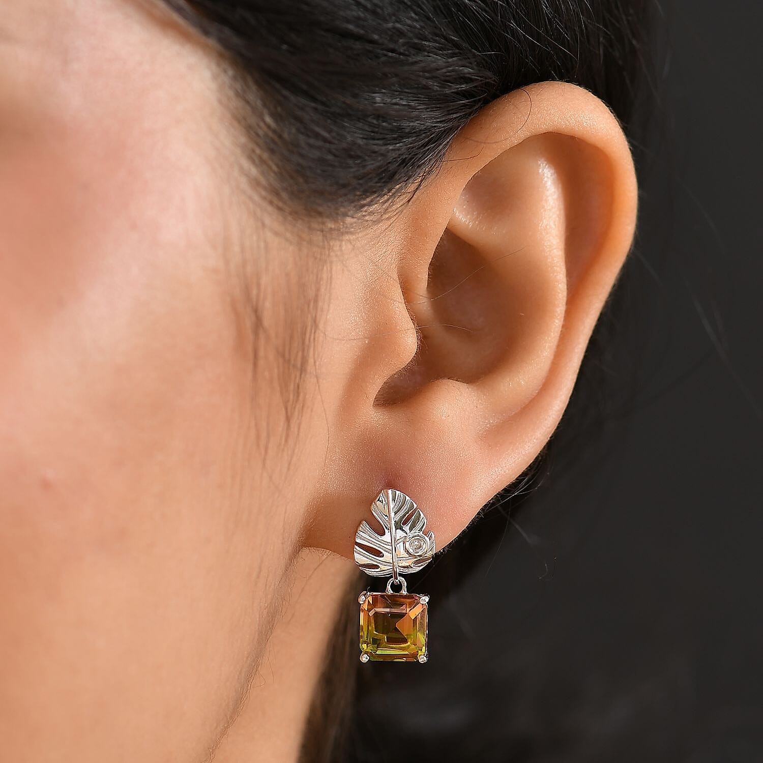 D'joy Rainbow Genesis Quartz &amp; White Zircon Solitaire Stud Sunlit Leaves Earring with Push Back in Rhodium Overlay Sterling Silver 5.56 Ct. 8181231 3