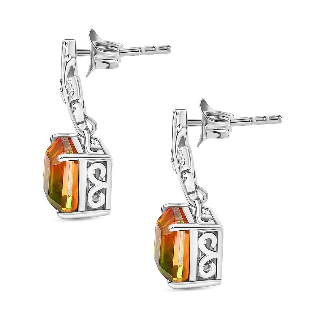 D'joy Rainbow Genesis Quartz & White Zircon Solitaire Stud Sunlit Leaves Earring with Push Back in Rhodium Overlay Sterling Silver 5.56 Ct.