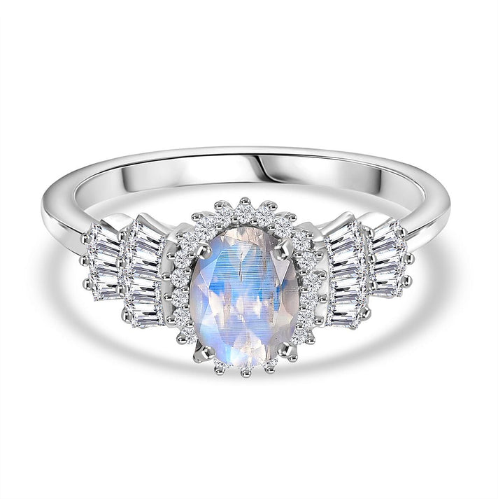 D'joy Rainbow Moonstone &amp; White Zircon Ring in Rhodium Overlay Sterling Silver 2.08 Ct. 8191459 1
