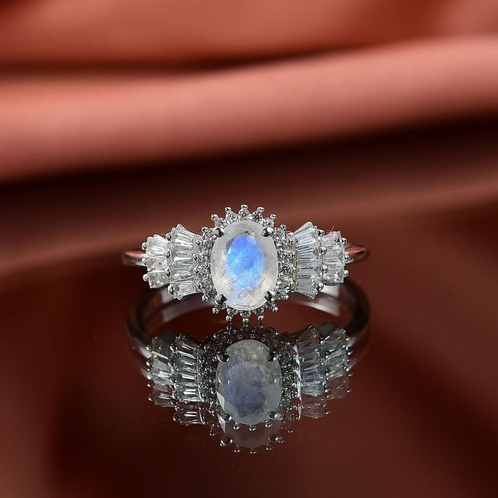 D'joy Rainbow Moonstone &amp; White Zircon Ring in Rhodium Overlay Sterling Silver 2.08 Ct. 8191459 2