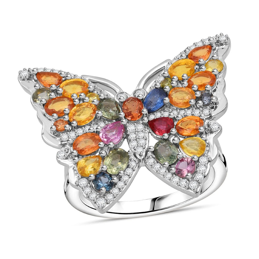 Rainbow Sapphire, Blue Sapphire, Pink Sapphire & White Zircon Butterfly Ring in Rhodium Overlay Sterling Silver 5.38 Ct, Silver Wt. 7.00 Gms.