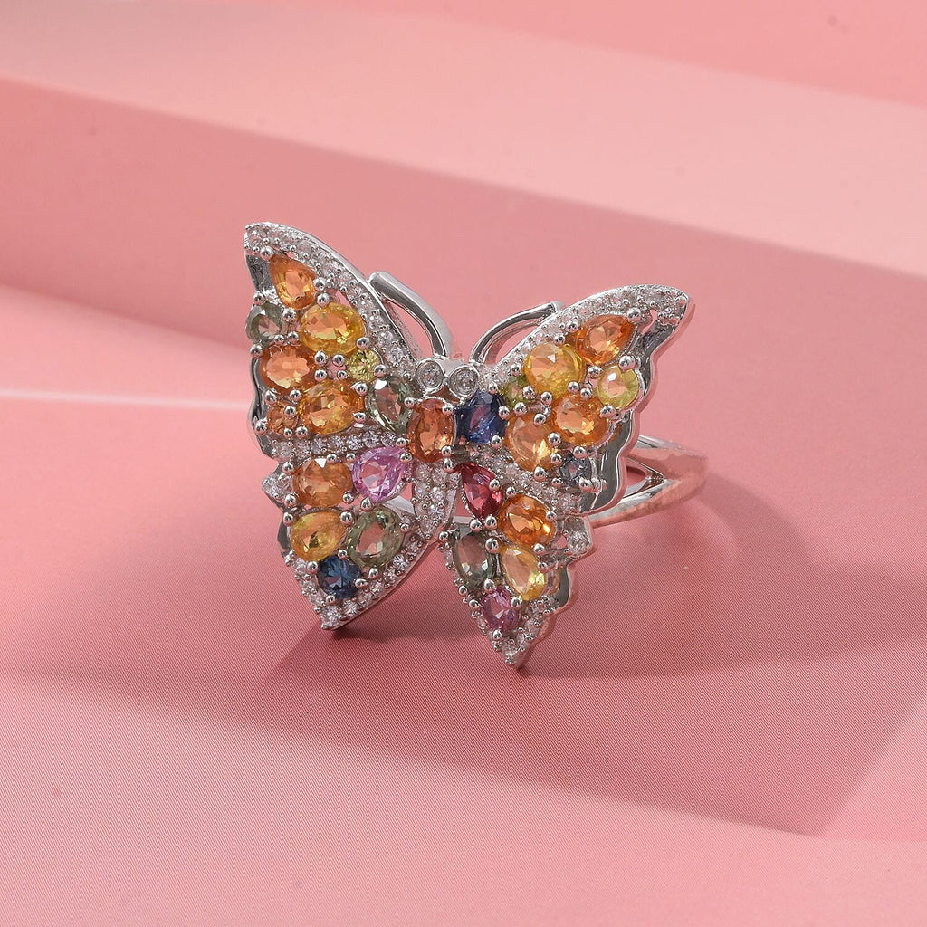 Rainbow Sapphire, Blue Sapphire, Pink Sapphire & White Zircon Butterfly Ring in Rhodium Overlay Sterling Silver 5.38 Ct, Silver Wt. 7.00 Gms.