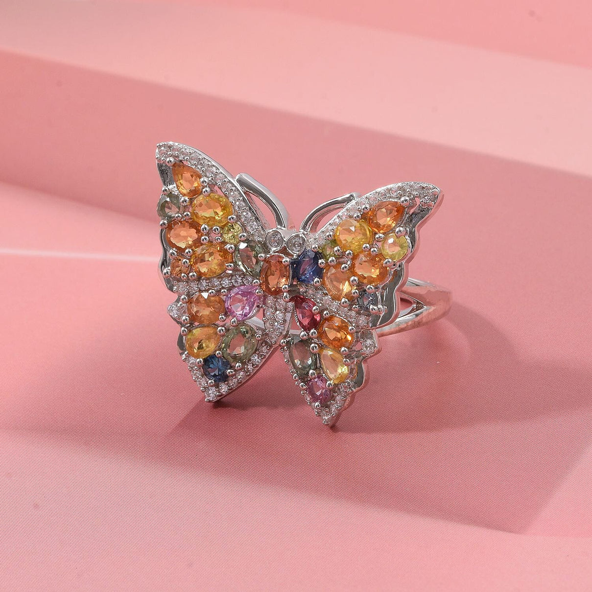 Rainbow Sapphire, Blue Sapphire, Pink Sapphire &amp; White Zircon Butterfly Ring in Rhodium Overlay Sterling Silver 5.38 Ct, Silver Wt. 7.00 Gms. 8257491 1