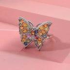 Rainbow Sapphire, Blue Sapphire, Pink Sapphire & White Zircon Butterfly Ring in Rhodium Overlay Sterling Silver 5.38 Ct, Silver Wt. 7.00 Gms.