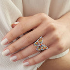 Rainbow Sapphire, Blue Sapphire, Pink Sapphire & White Zircon Butterfly Ring in Rhodium Overlay Sterling Silver 5.38 Ct, Silver Wt. 7.00 Gms.