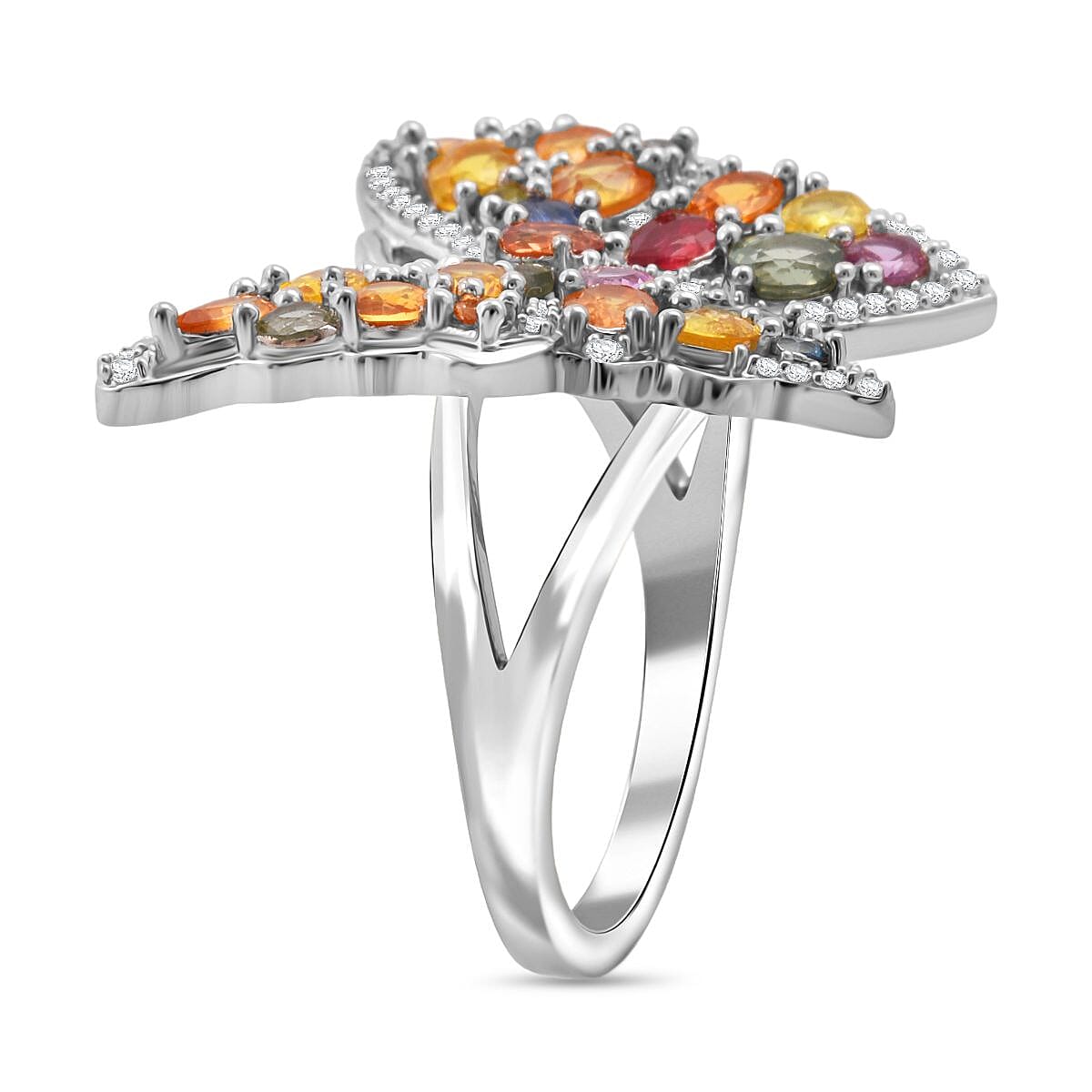 Rainbow Sapphire, Blue Sapphire, Pink Sapphire &amp; White Zircon Butterfly Ring in Rhodium Overlay Sterling Silver 5.38 Ct, Silver Wt. 7.00 Gms. 8257491 3
