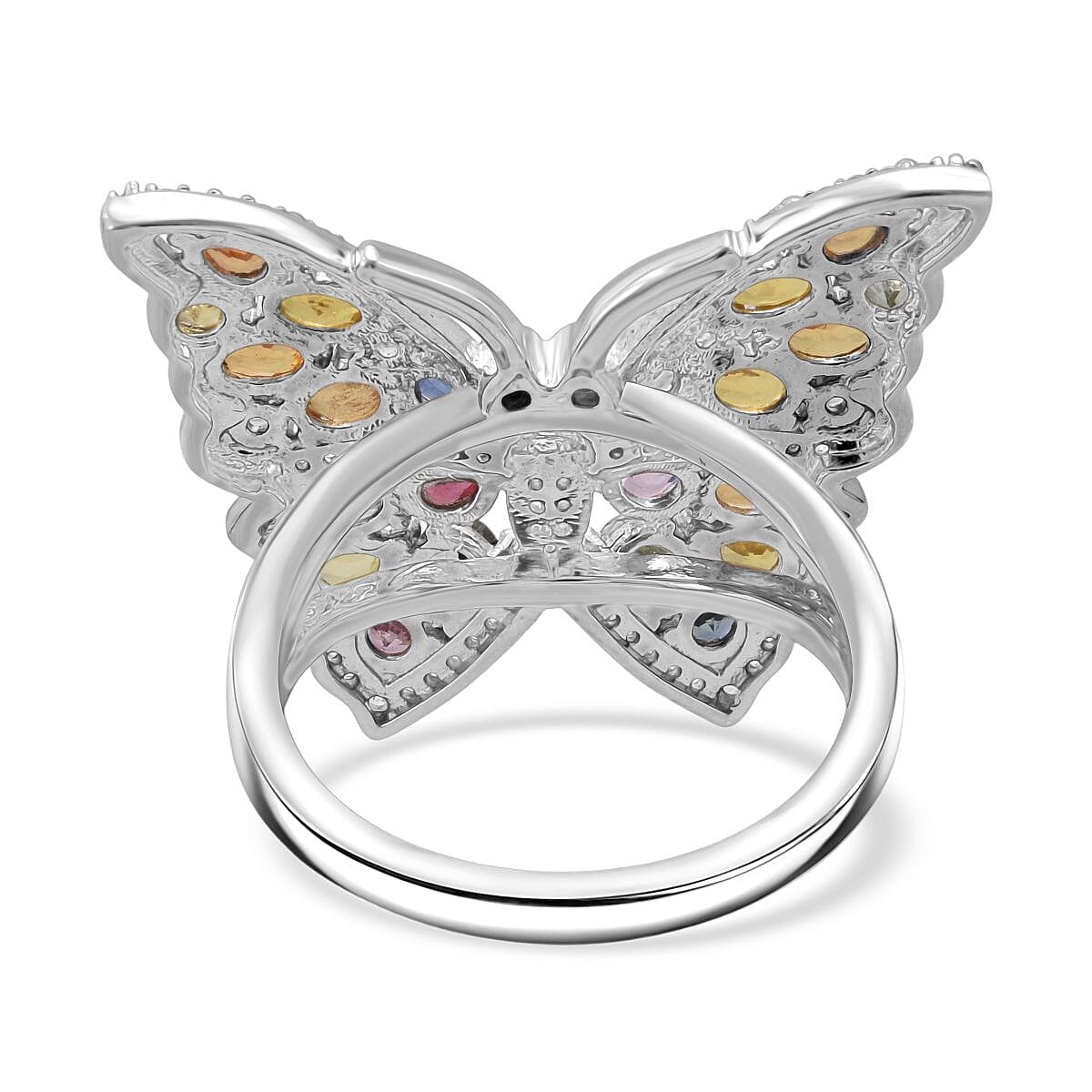Rainbow Sapphire, Blue Sapphire, Pink Sapphire &amp; White Zircon Butterfly Ring in Rhodium Overlay Sterling Silver 5.38 Ct, Silver Wt. 7.00 Gms. 8257491 4