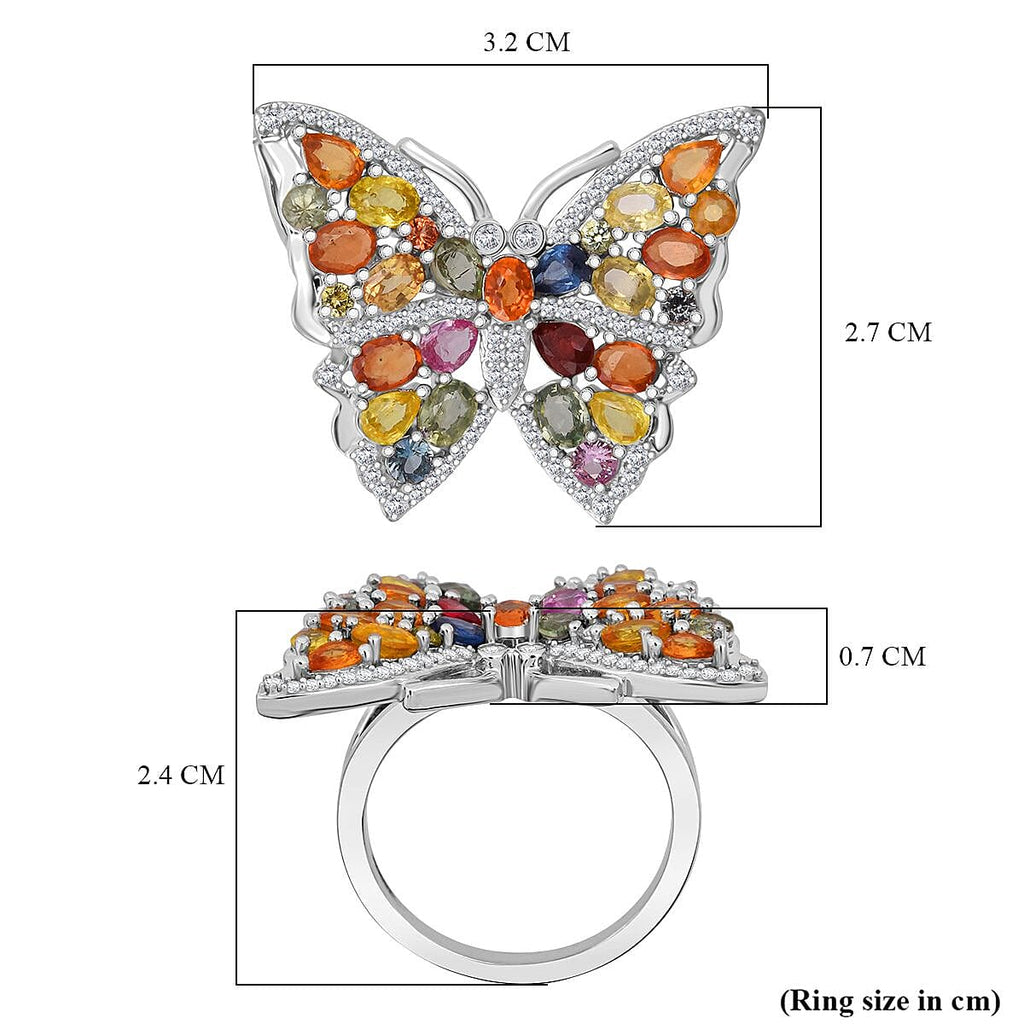 Rainbow Sapphire, Blue Sapphire, Pink Sapphire & White Zircon Butterfly Ring in Rhodium Overlay Sterling Silver 5.38 Ct, Silver Wt. 7.00 Gms.