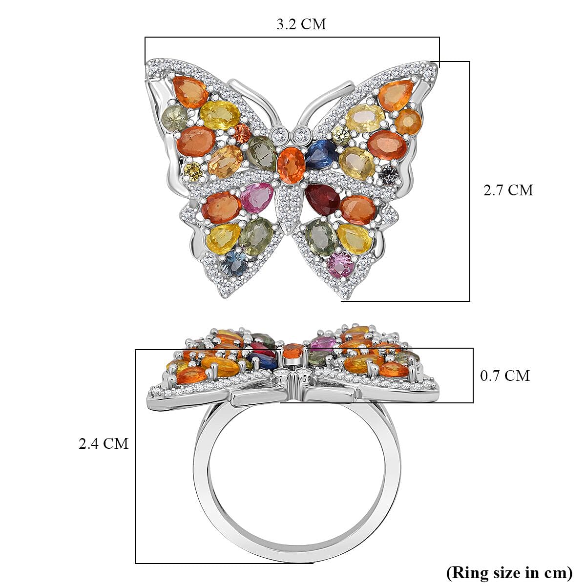 Rainbow Sapphire, Blue Sapphire, Pink Sapphire &amp; White Zircon Butterfly Ring in Rhodium Overlay Sterling Silver 5.38 Ct, Silver Wt. 7.00 Gms. 8257491 5