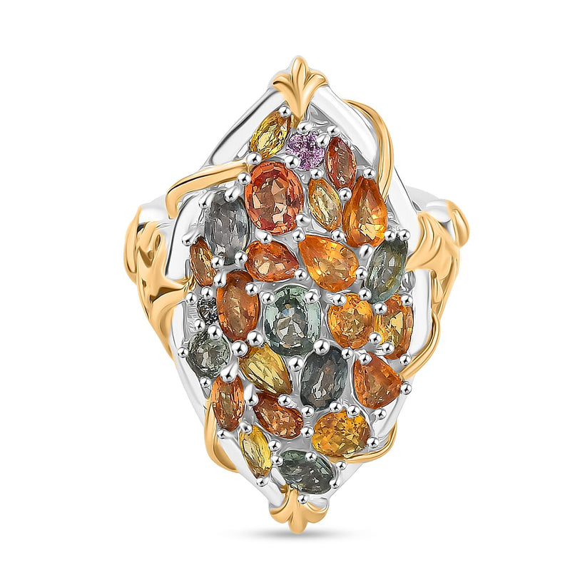 D'joy Rainbow Sapphire Cluster Ring in 18K Vermeil Yellow Gold and Rhodium Overlay Sterling Silver 6.39 Ct.