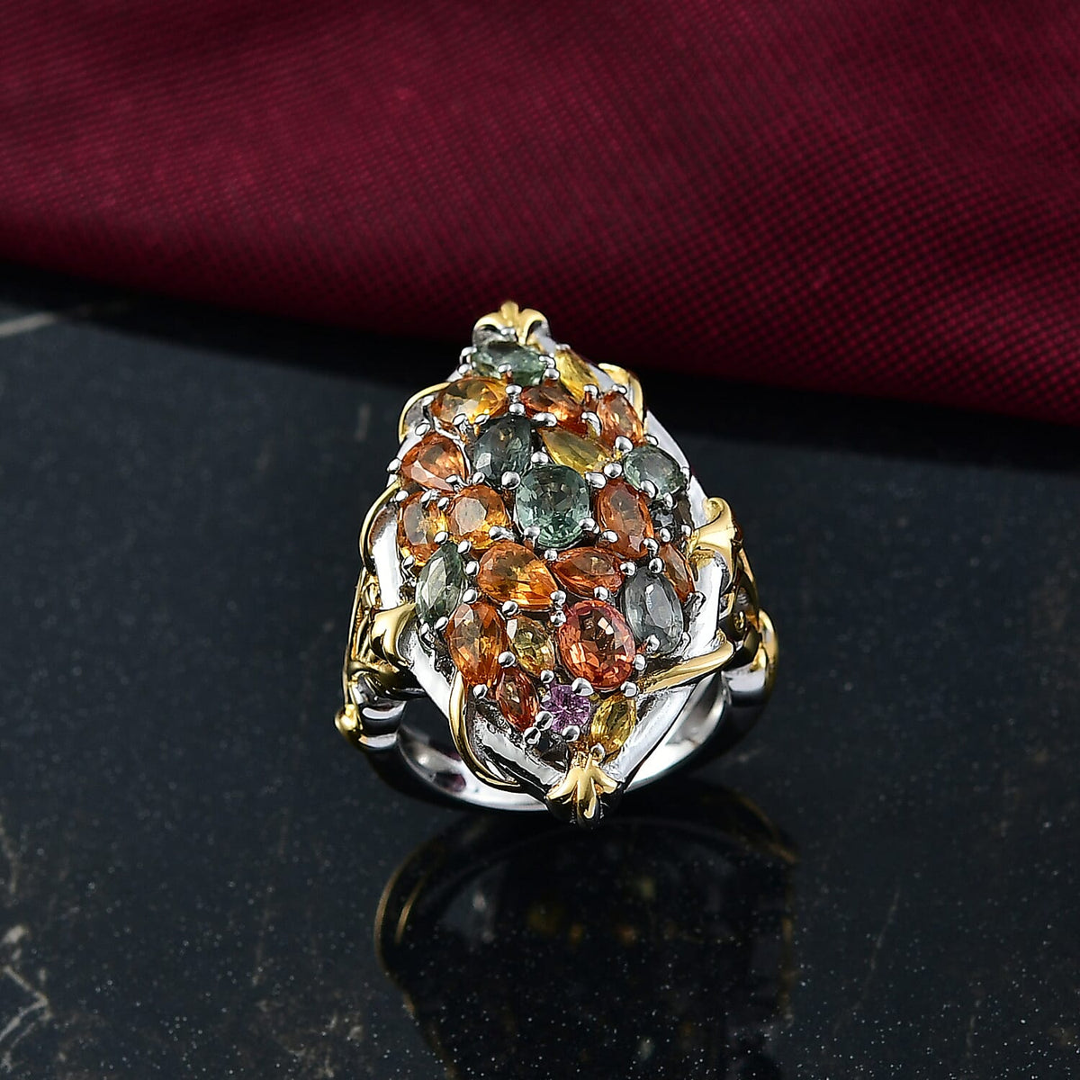 D'joy Rainbow Sapphire Cluster Ring in 18K Vermeil Yellow Gold and Rhodium Overlay Sterling Silver 6.39 Ct. 8250212 2
