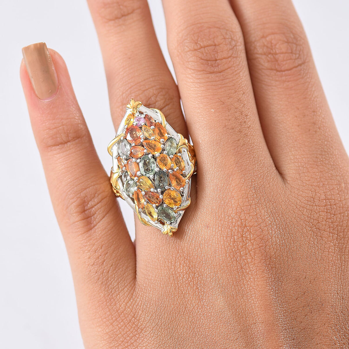 D'joy Rainbow Sapphire Cluster Ring in 18K Vermeil Yellow Gold and Rhodium Overlay Sterling Silver 6.39 Ct. 8250212 3