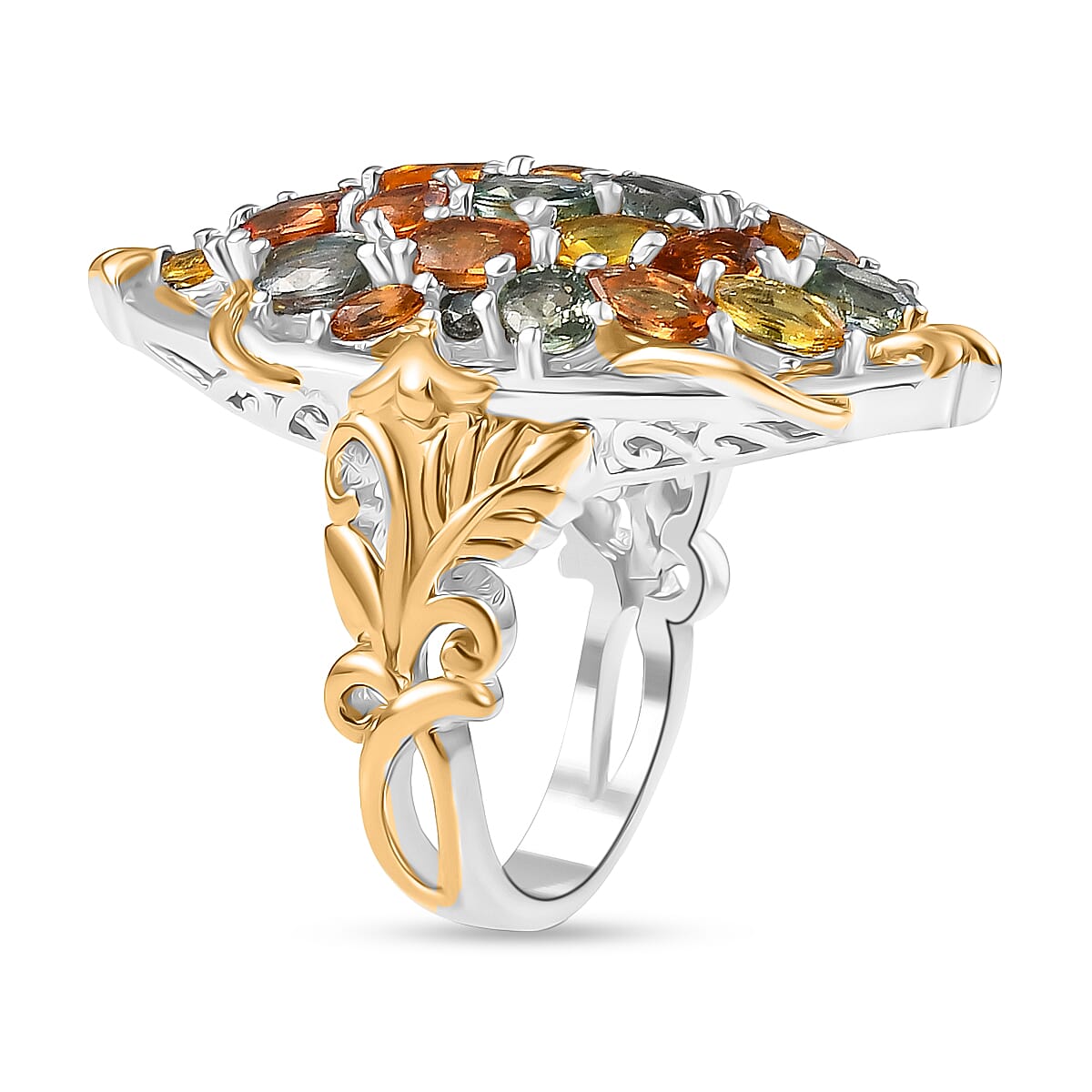 D'joy Rainbow Sapphire Cluster Ring in 18K Vermeil Yellow Gold and Rhodium Overlay Sterling Silver 6.39 Ct. 8250212 4