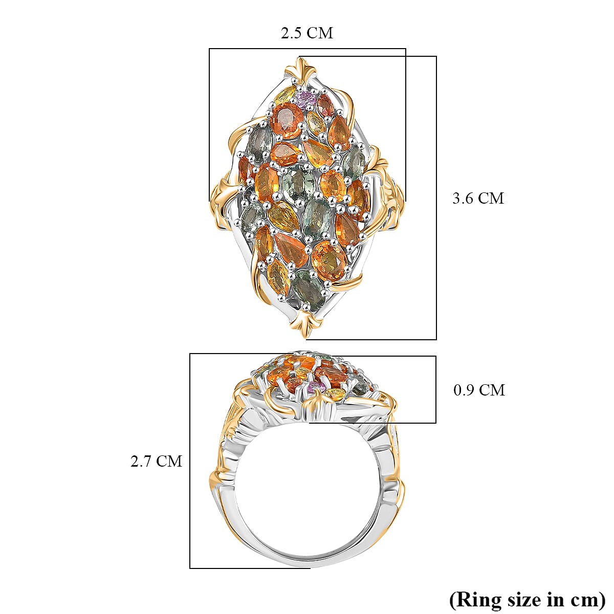 D'joy Rainbow Sapphire Cluster Ring in 18K Vermeil Yellow Gold and Rhodium Overlay Sterling Silver 6.39 Ct. 8250212 6