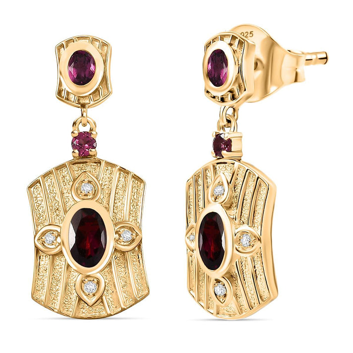 D'joy Orissa Rhodolite Garnet, White Zircon Dangling Shield Earring with Push Back in Yellow Gold Plated Sterling Silver 8215437 1