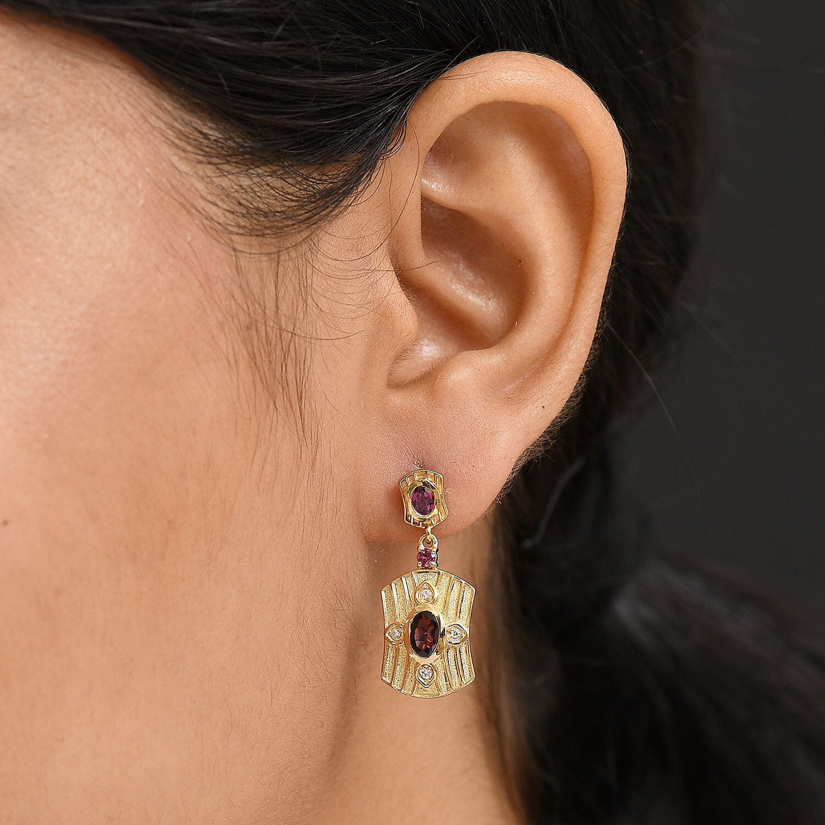 D'joy Orissa Rhodolite Garnet, White Zircon Dangling Shield Earring with Push Back in Yellow Gold Plated Sterling Silver 8215437 3