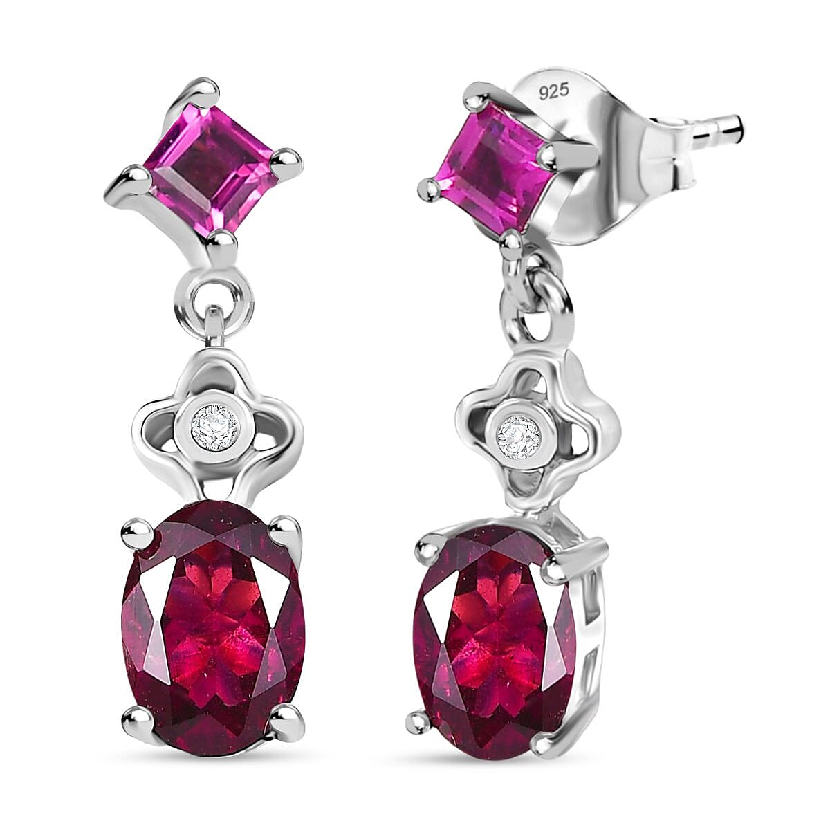 Djoy Orissa Rhodolite Garnet &amp; White Zircon Dangling Earring with Push Back in Rhodium Overlay Sterling Silver 2.30 Ct. 8215430 0