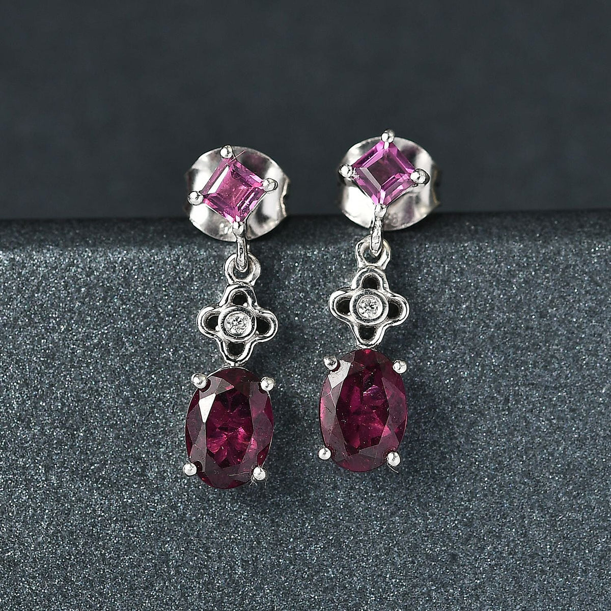 Djoy Orissa Rhodolite Garnet &amp; White Zircon Dangling Earring with Push Back in Rhodium Overlay Sterling Silver 2.30 Ct. 8215430 2