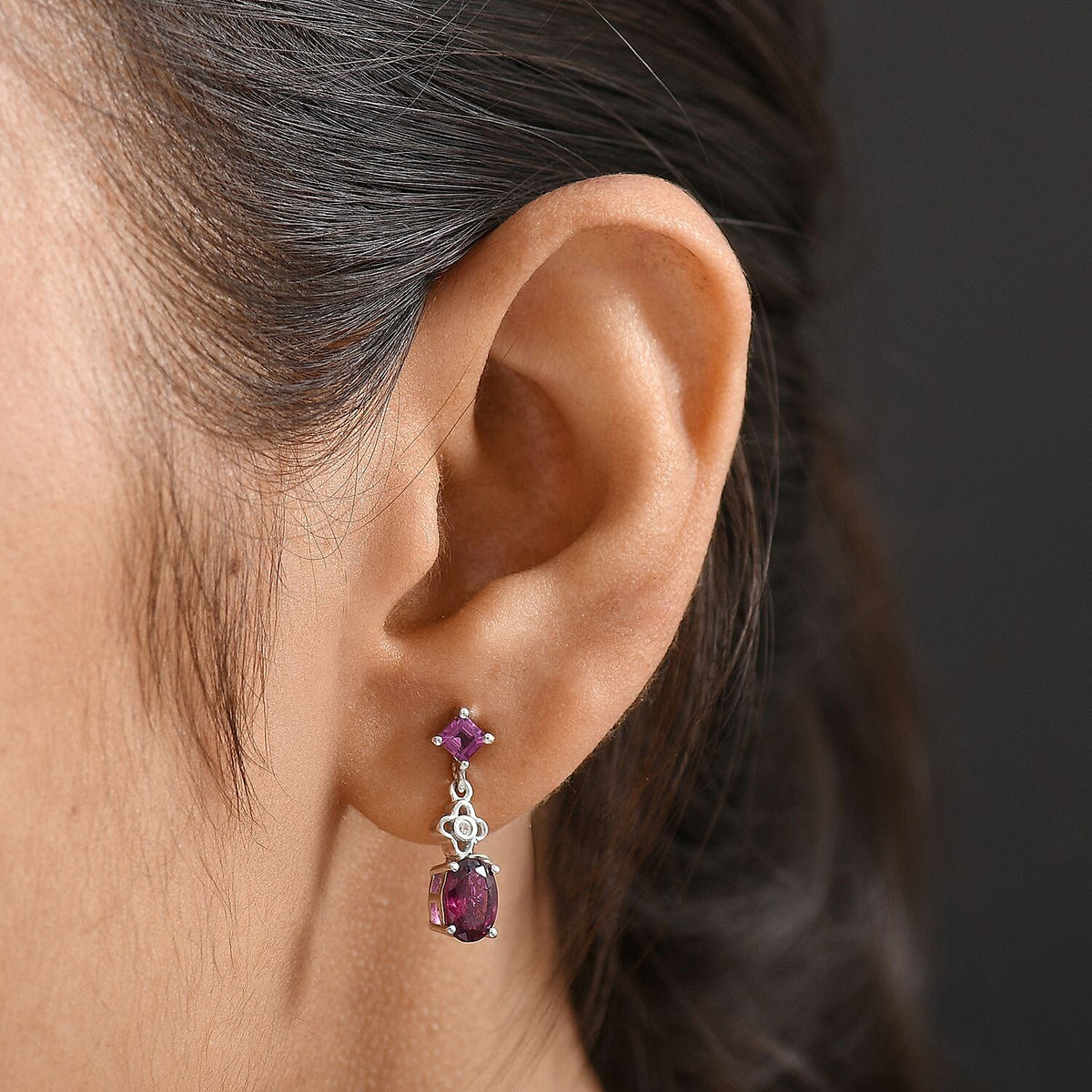 Djoy Orissa Rhodolite Garnet &amp; White Zircon Dangling Earring with Push Back in Rhodium Overlay Sterling Silver 2.30 Ct. 8215430 3