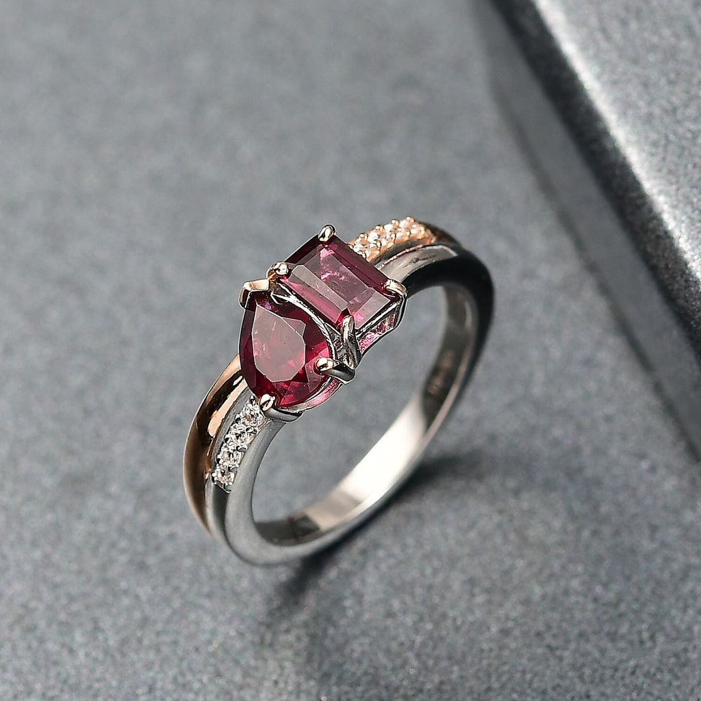 D'Joy Orissa Rhodolite Garnet & White Zircon Ring in Rose Gold Plated & Platinum Overlay Sterling Silver 1.70 Ct.