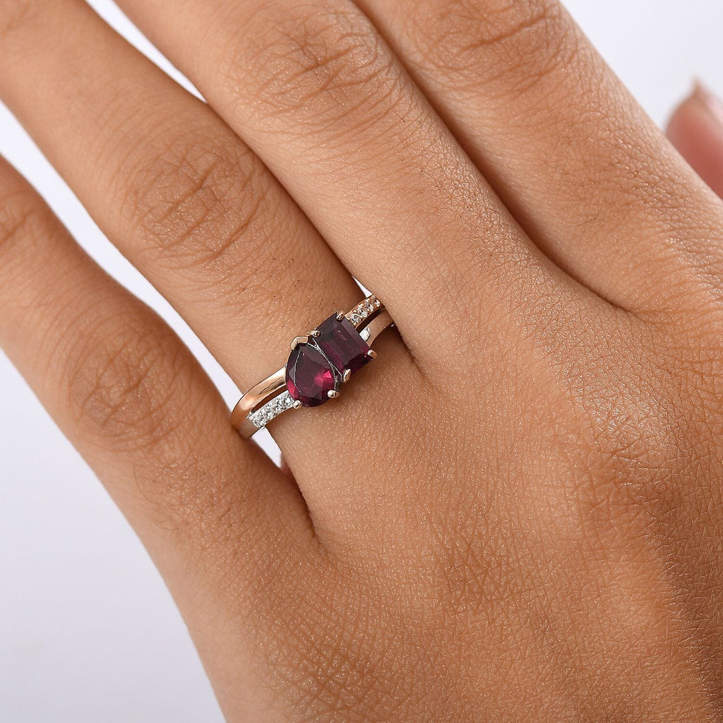 D'Joy Orissa Rhodolite Garnet & White Zircon Ring in Rose Gold Plated & Platinum Overlay Sterling Silver 1.70 Ct.
