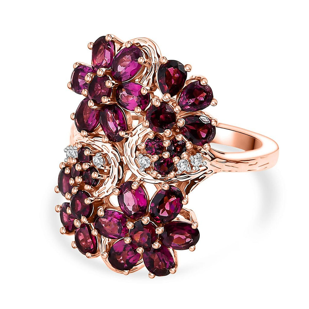 D'joy Orissa Rhodolite Garnet & White Zircon Ring in 18K Rose Gold Plating Sterling Silver 4.51 Ct, Silver Wt. 5.35 Gms.