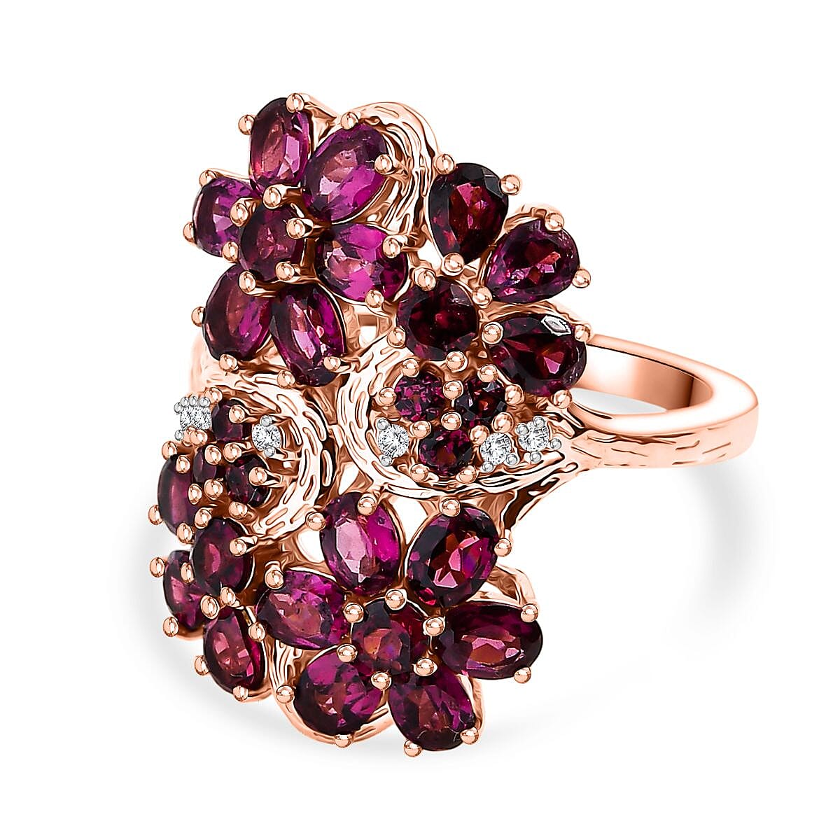 D'joy Orissa Rhodolite Garnet, White Zircon Floral Ring in 18K Rose Gold Plated Sterling Silver 4.51 Ct. 8225790 0